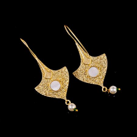 Brass 22k Gold Plated Fan Shaped Dangle Earrings with Mother of Pearl Gemstone